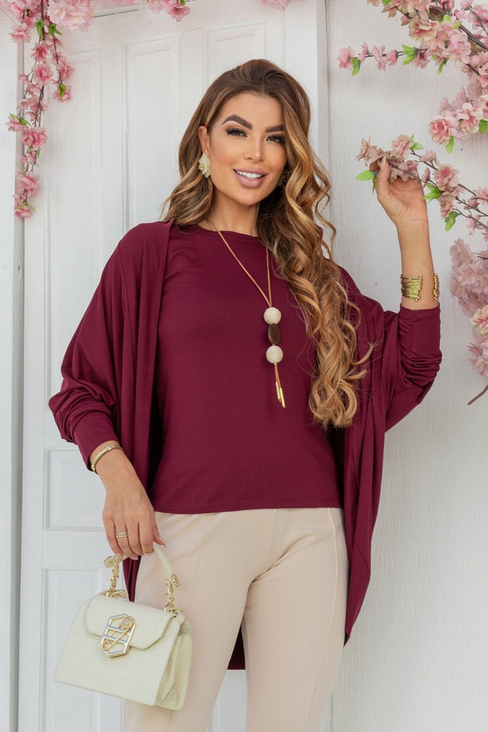 CONJUNTO CARDIGAN | T-SHIRT - BORDÔ