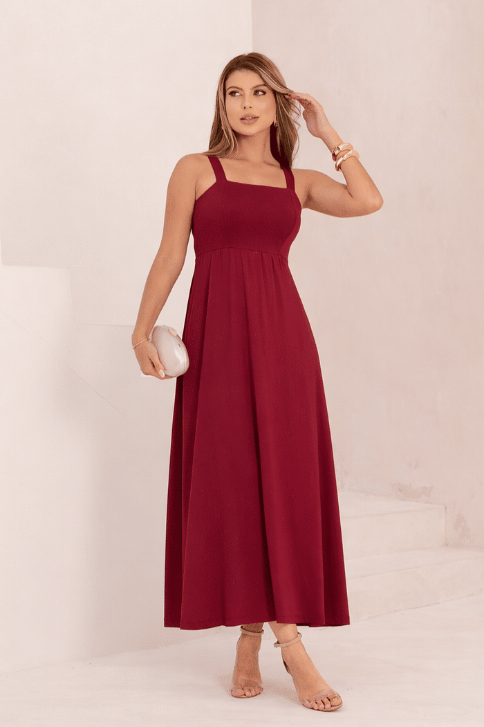 VESTIDO DECOTE QUADRADO ALÇA LARGA - BORDÔ