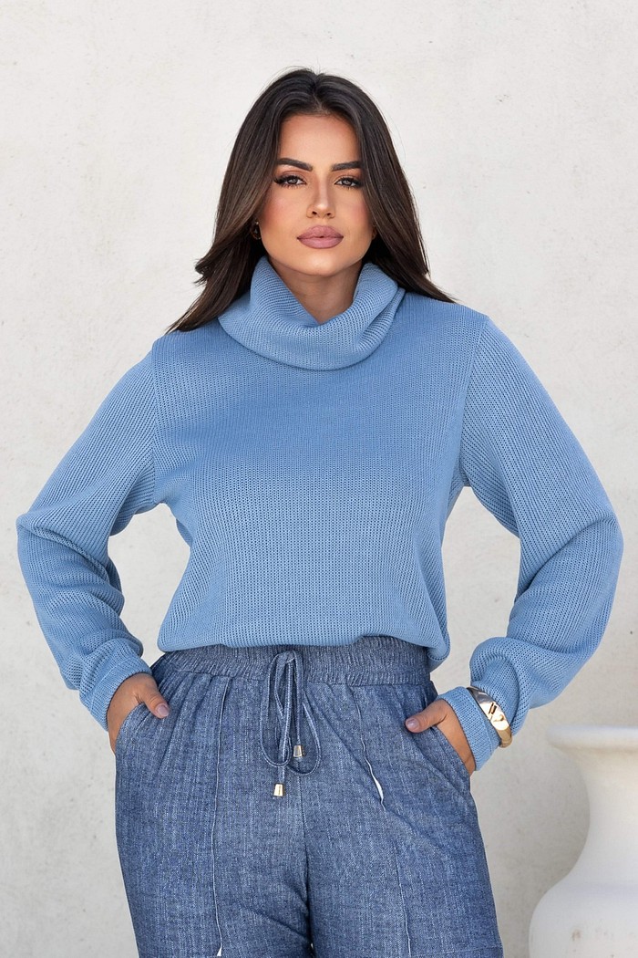 BLUSA TRICÔ GOLA ROLE - AZUL