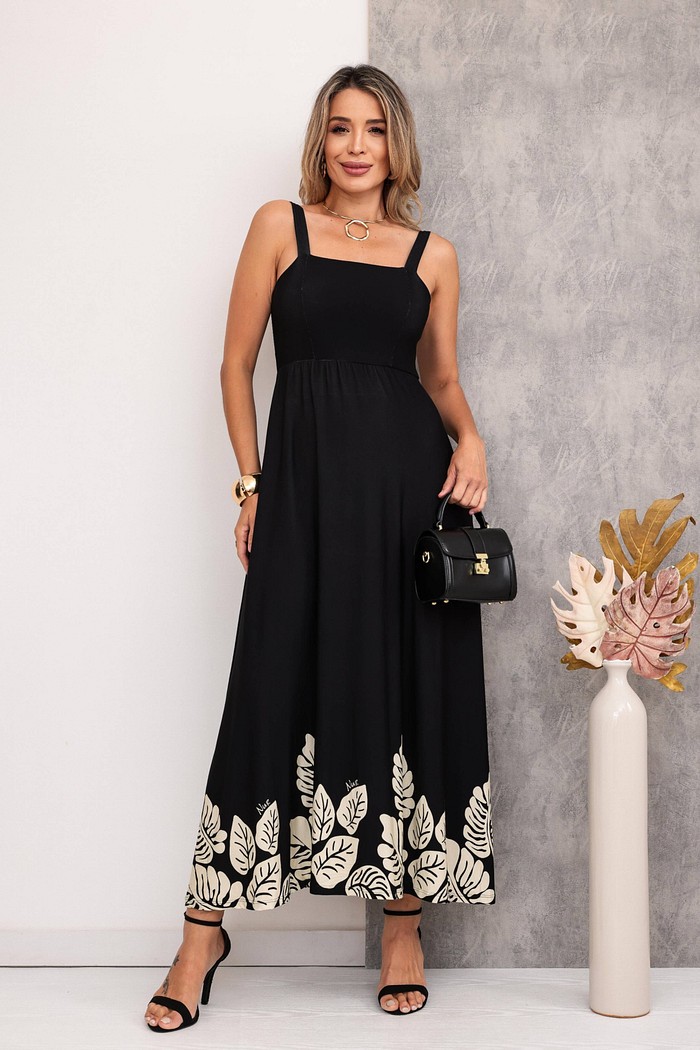 VESTIDO DECOTE QUADRADO ALÇA LARGA - ESTAMPA PRETA