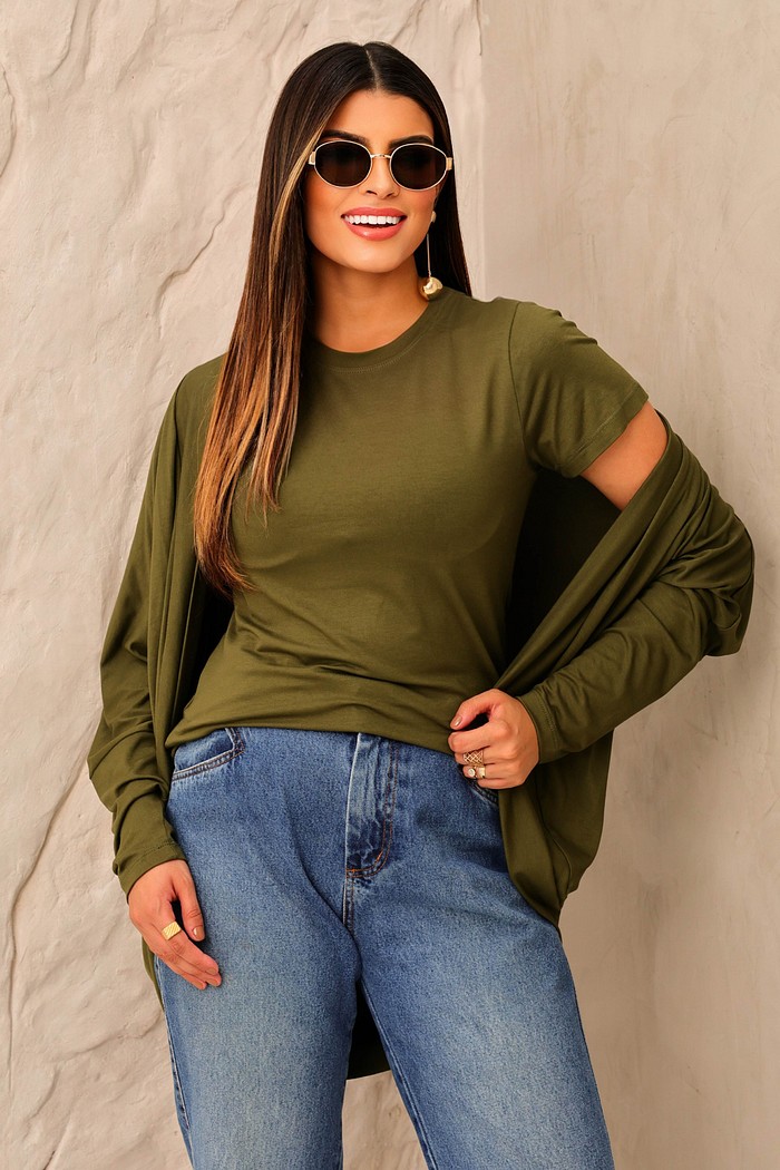 CONJUNTO CARDIGAN | T-SHIRT - VERDE MILITAR