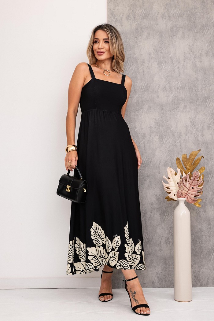 VESTIDO DECOTE QUADRADO ALÇA LARGA - ESTAMPA PRETA