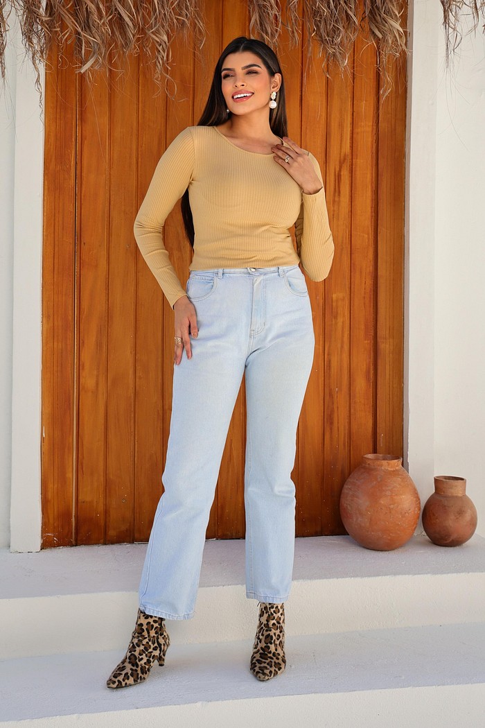 BÁSICA CANELADA MANGA LONGA - BEGE