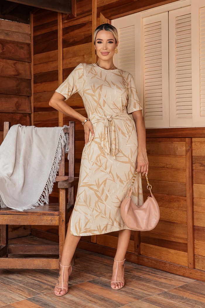 VESTIDO LAÇO NA CINTURA - ESTAMPA BEGE