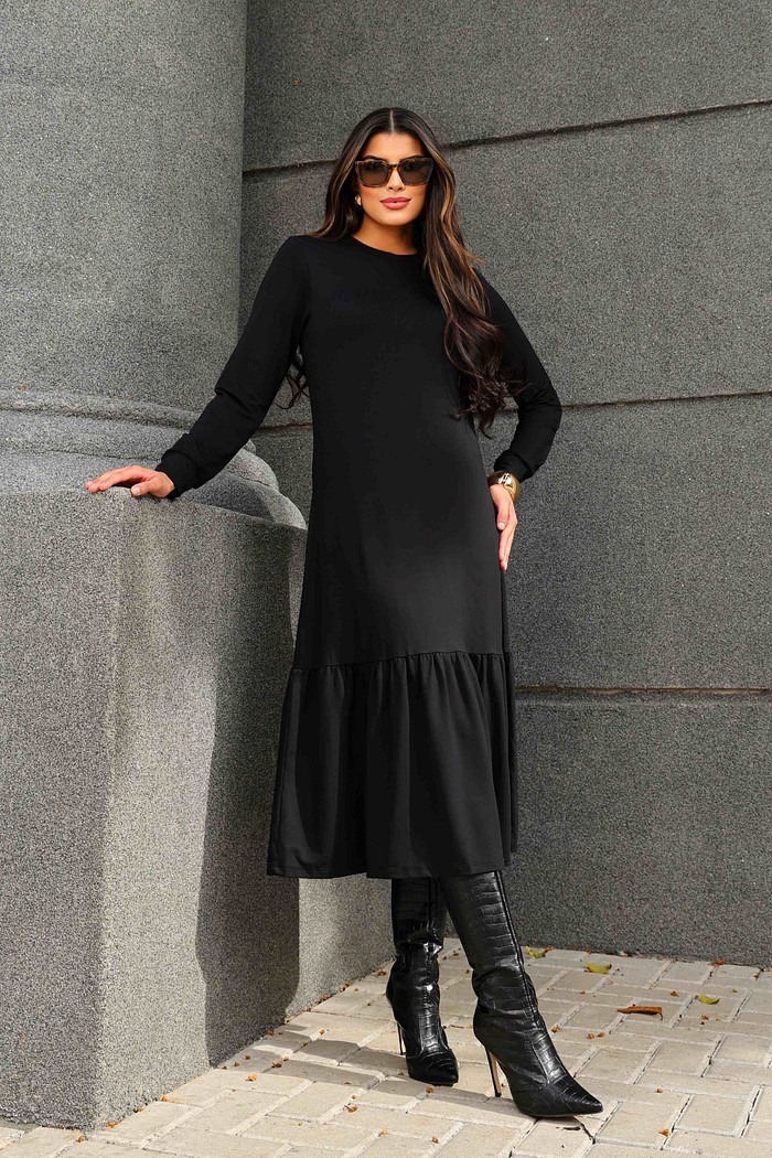 VESTIDO BARRA FRANZIDA  MIDI MANGA LONGA - PRETO