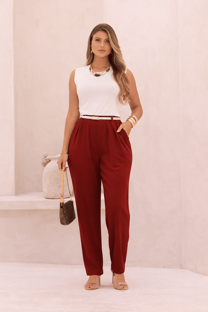 CALÇA VISCOSE C/CINTO - MARROM MERLOT