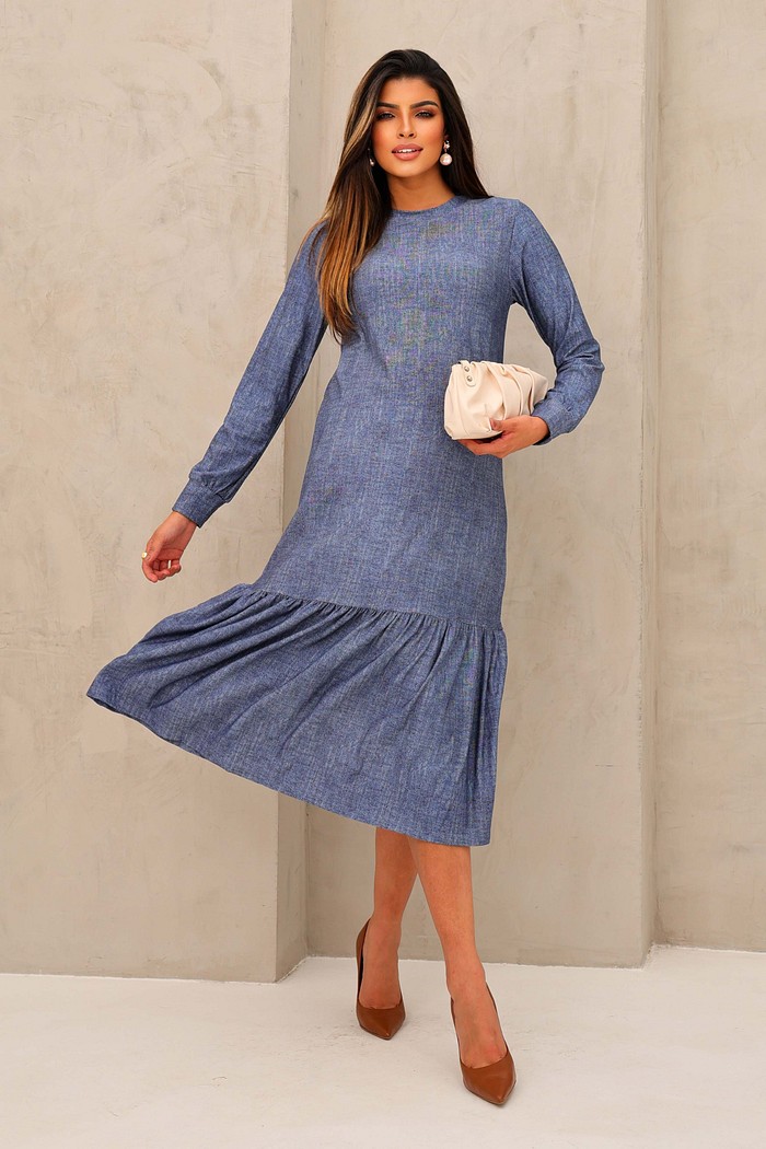 VESTIDO BARRA FRANZIDA  MIDI MANGA LONGA - ESTAMPA JEANS