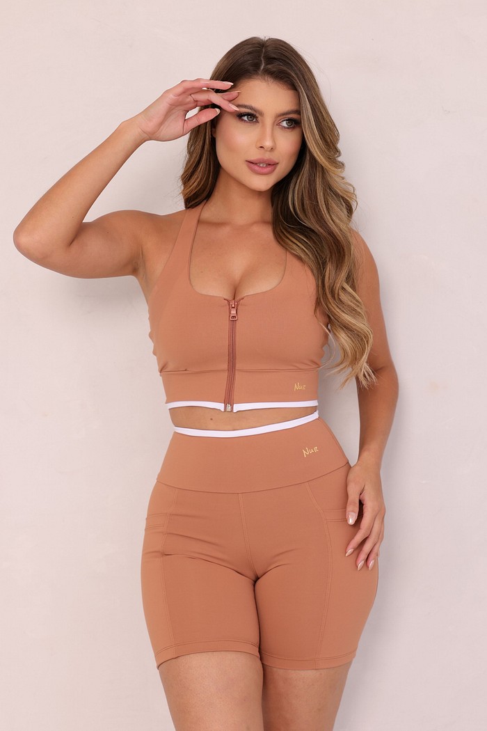 CONJUNTO FITNESS TOP E BERMUDA - MOCHA MOUSSE