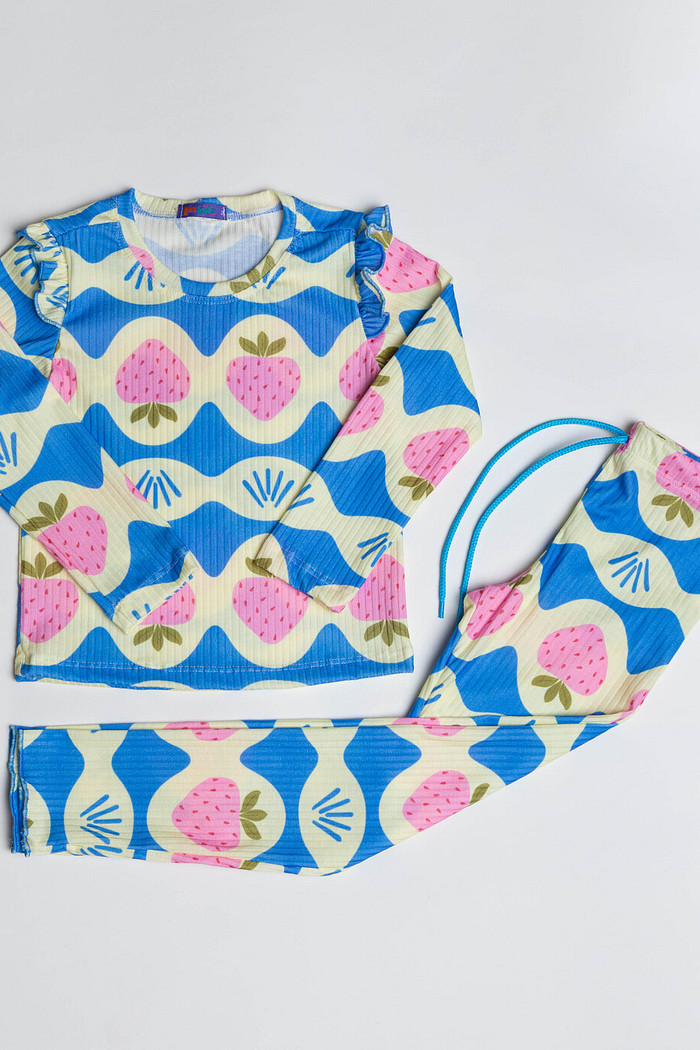 CONJUNTO CALÇA E BLUSA LONGA MORANGOS AZUL