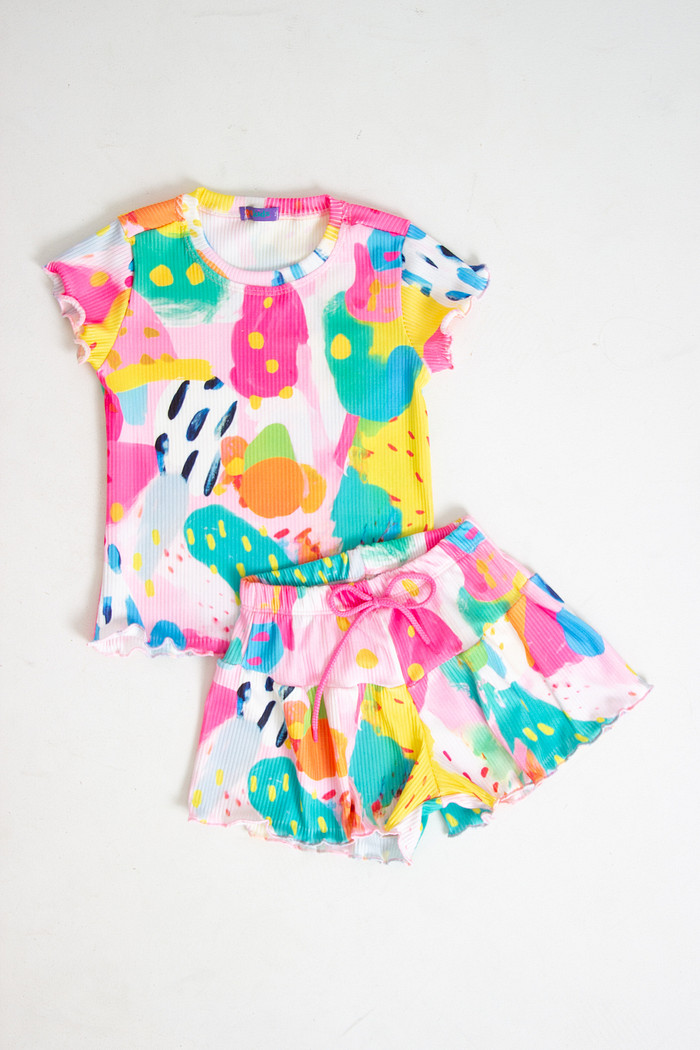 CONJUNTO MENINA BLUSA E SHORTS SAIA PINCELADAS DE ALEGRIA