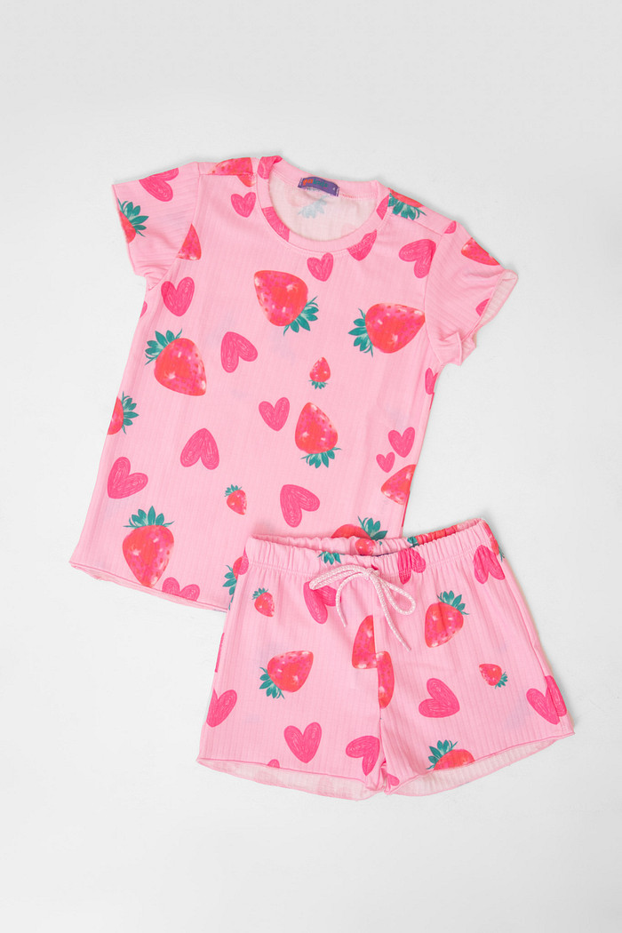 CONJUNTO MENINA BLUSA E SHORTS MORANGUINHO