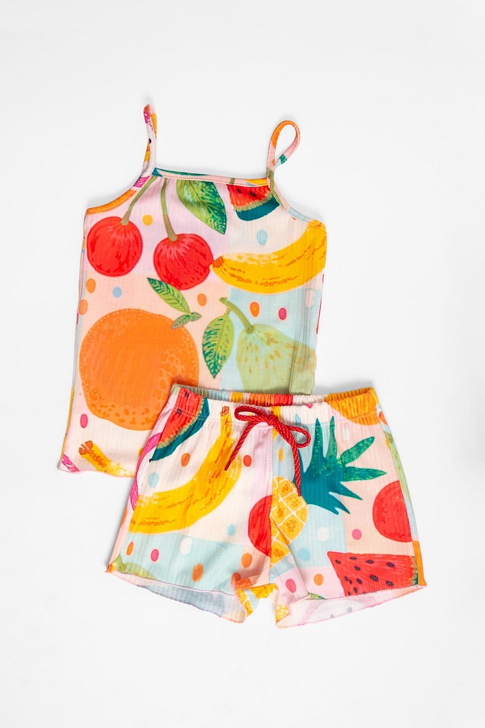 CONJUNTO MENINA BLUSA ALÇA E SHORTS FRUTAS