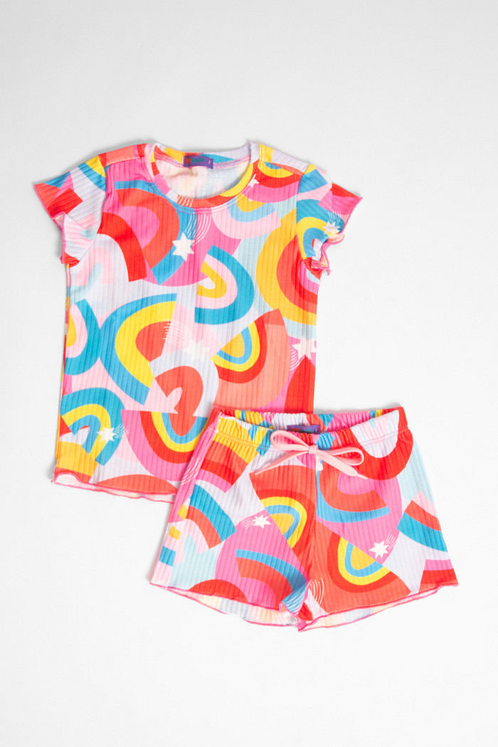 CONJUNTO MENINA BLUSA E SHORTS ARCO IRIS