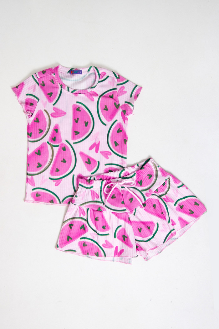 CONJUNTO MENINA BLUSA E SHORTS SAIA MELANCIA