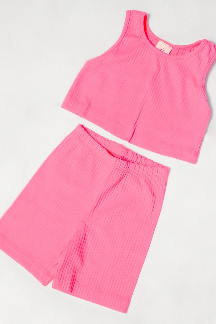 CONJUNTO MENINA CROPED E BIKER ROSA NEON