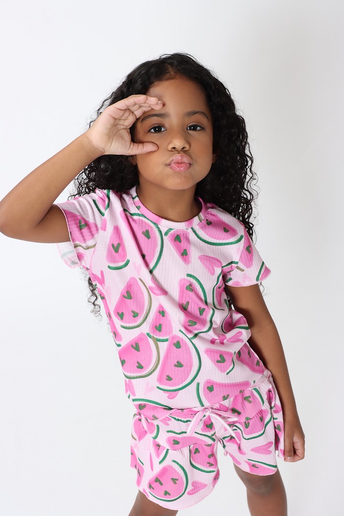 CONJUNTO MENINA BLUSA E SHORTS SAIA MELANCIA