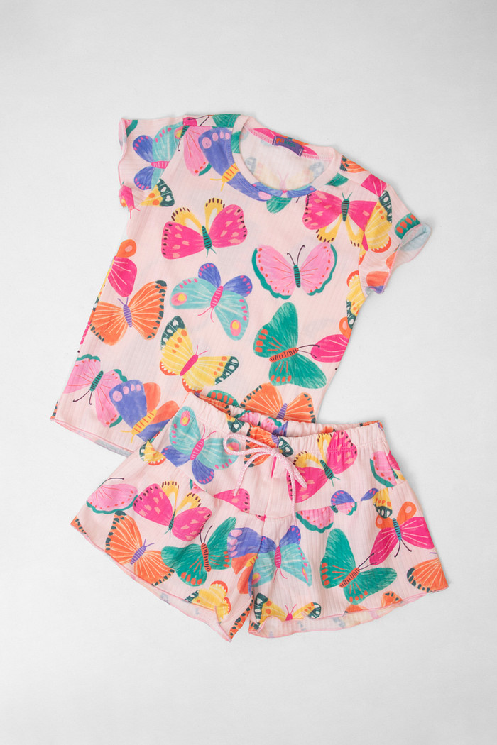 CONJUNTO MENINA BLUSA E SHORTS SAIA BORBOLETAS