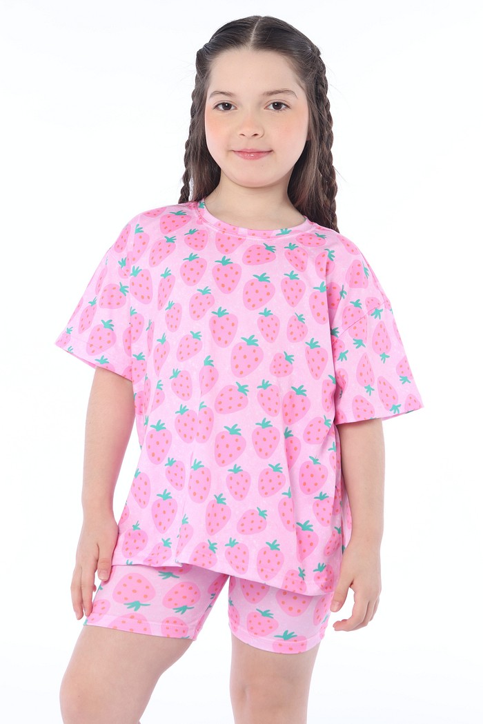 CONJUNTO MENINA CAMISETA E BIKER MORANGOS