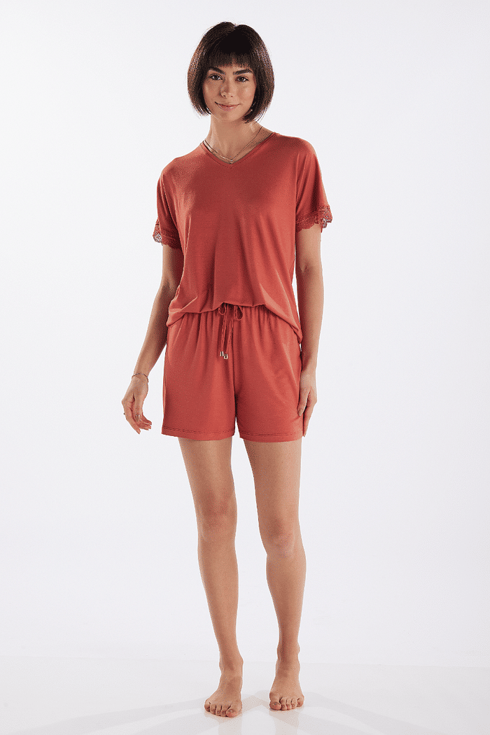 PIJAMA MEIA MANGA COM SHORTS EM VISCOLYCRA FEMININO 