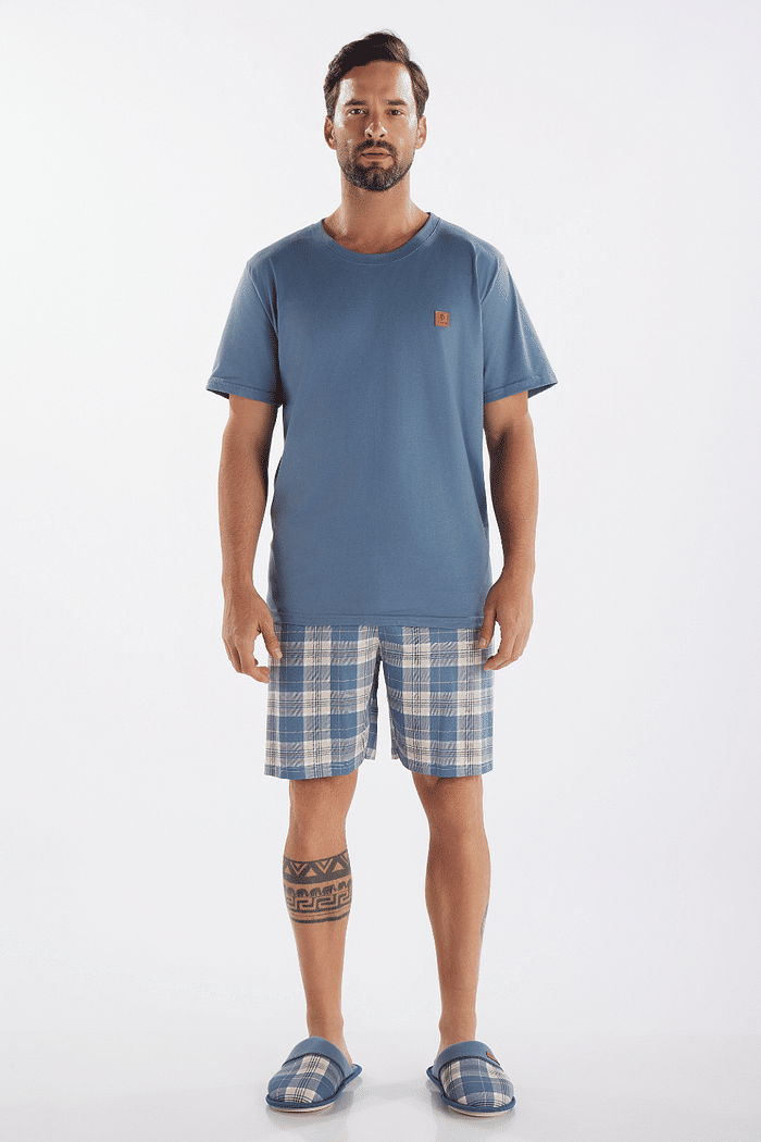 PIJAMA MEIA MANGA EM MEIA MALHA COM BERMUDA EM MALHA ROTATIVA MASCULINO