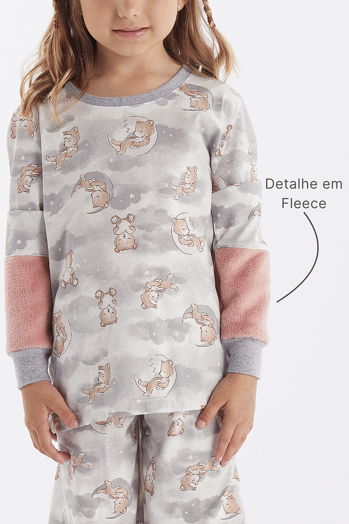 PIJAMA FEMININO INFANTIL MANGA LONGA COM CALÇA EM MEIA MALHA