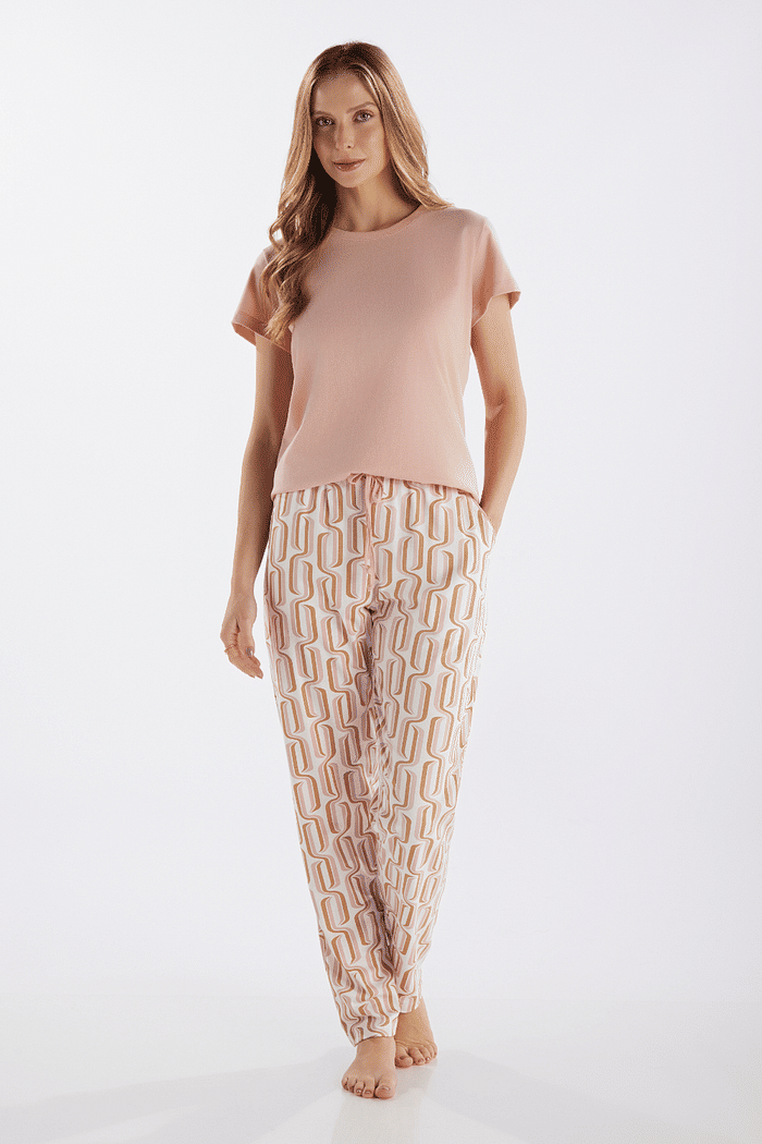 PIJAMA MEIA MANGA EM MEIA MALHA COM CALCA EM MALHA ROTATIVA FEMININO 