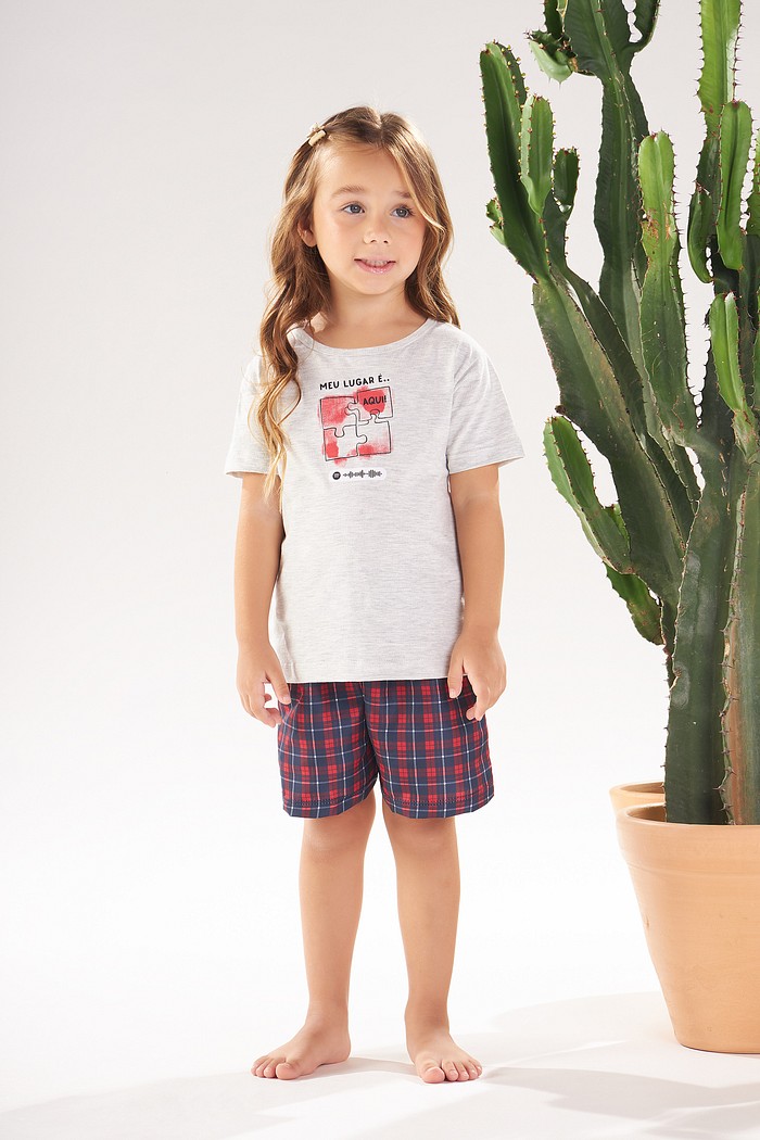 PIJAMA FEMININO INFANTIL MEIA MANGA COM SHORTS EM MEIA MALHA E TRICOLINE