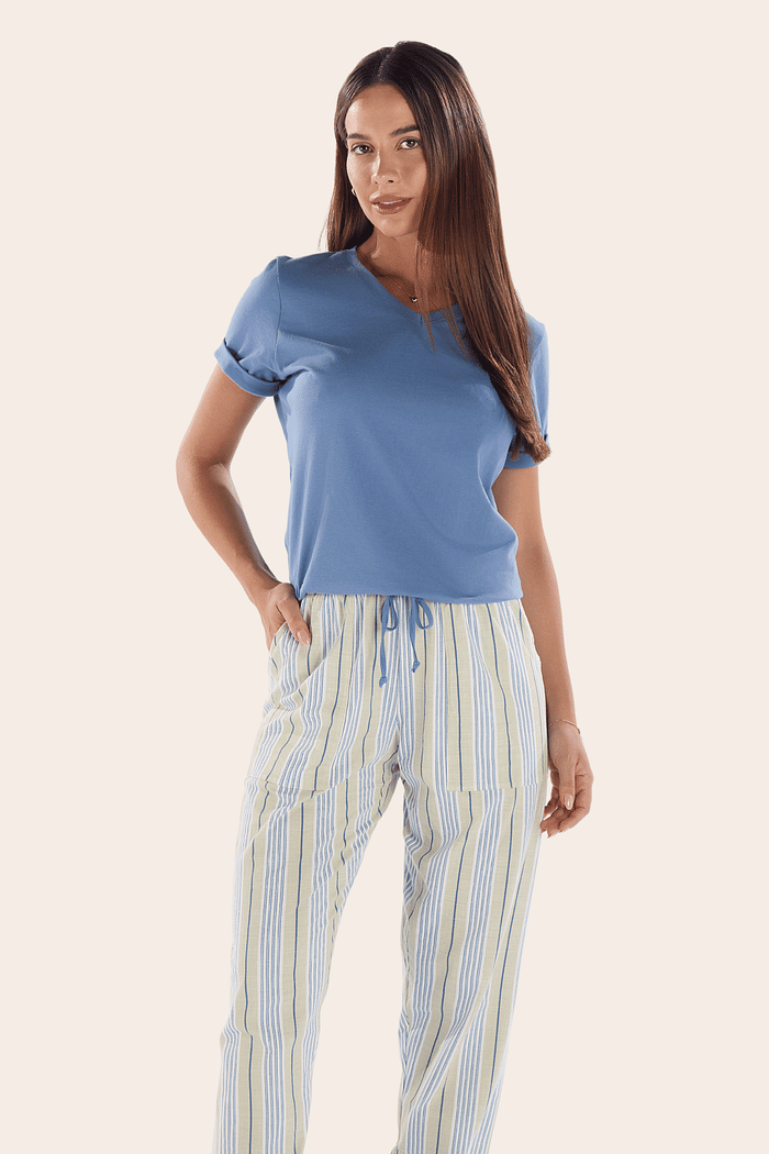 PIJAMA MEIA MANGA EM MEIA MALHA COM CALCA EM MALHA ROTATIVA FEMININO 