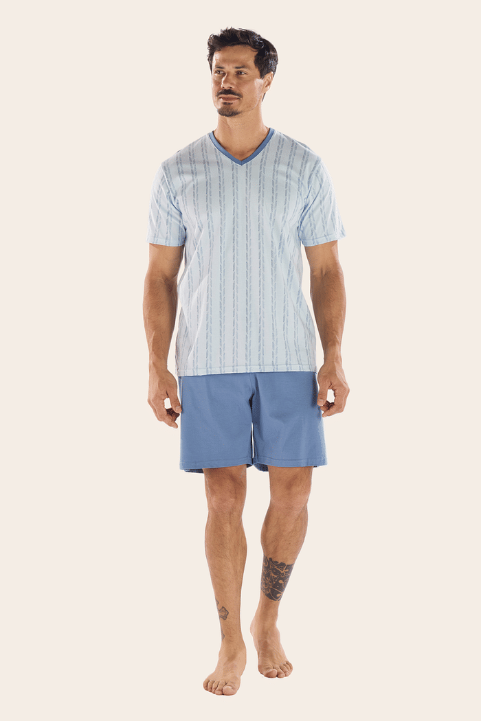 PIJAMA MEIA MANGA EM MALHA ROTATIVA COM BERMUDA EM MEIA MALHA MASCULINO 