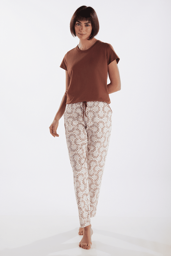 PIJAMA MEIA MANGA EM MEIA MALHA COM CALCA EM MALHA ROTATIVA FEMININO 