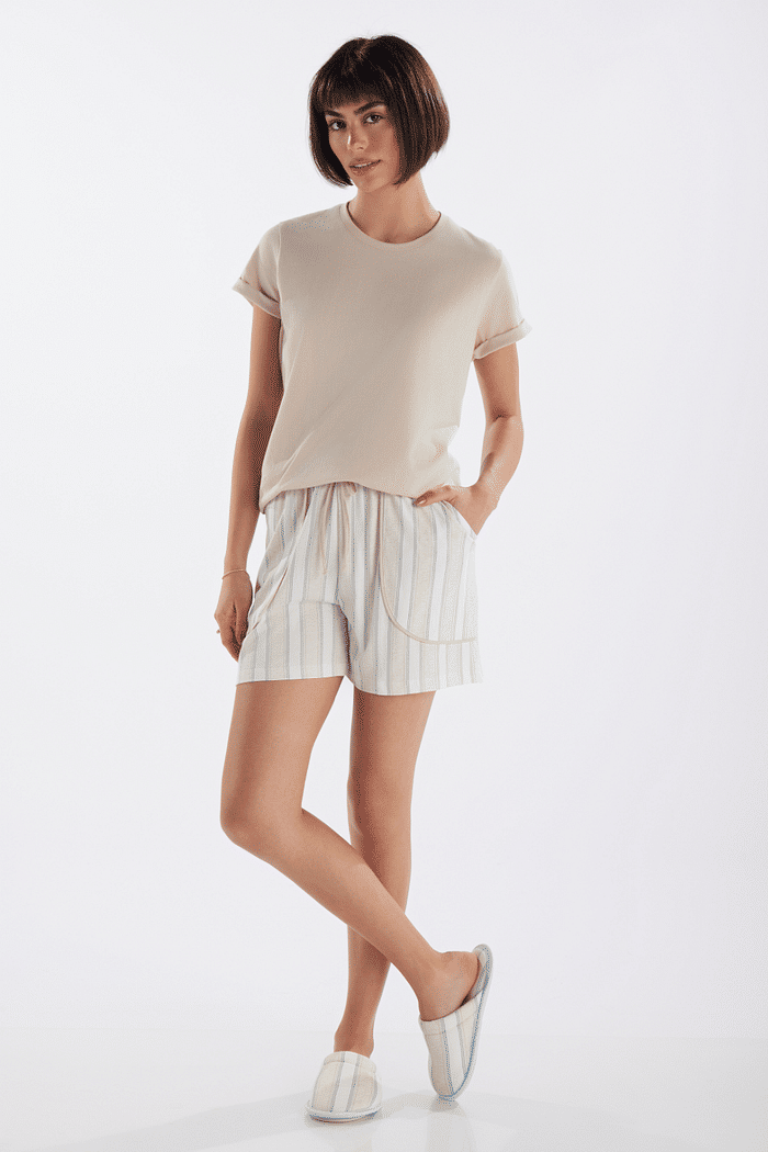 PIJAMA MEIA MANGA EM MEIA MALHA COM SHORTS EM MALHA ROTATIVA FEMININO 