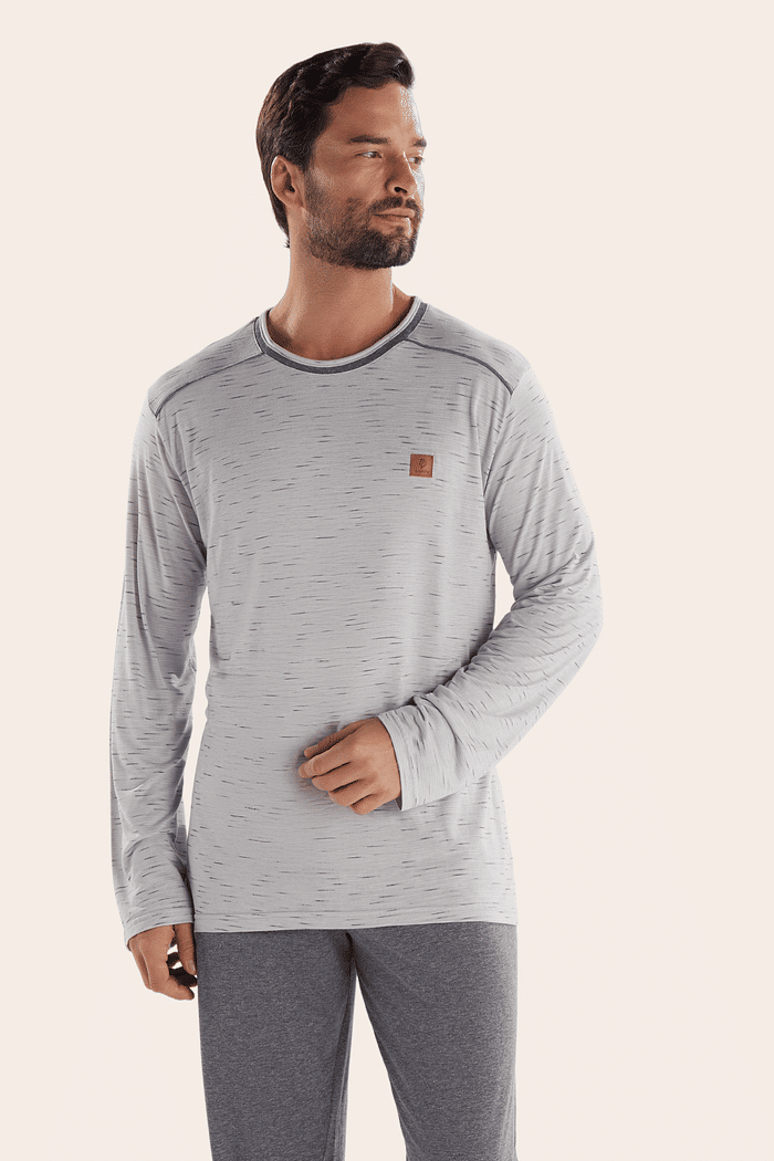PIJAMA MANGA LONGA EM MALHA JET COM CALCA EM MEIA MALHA MASCULINO 