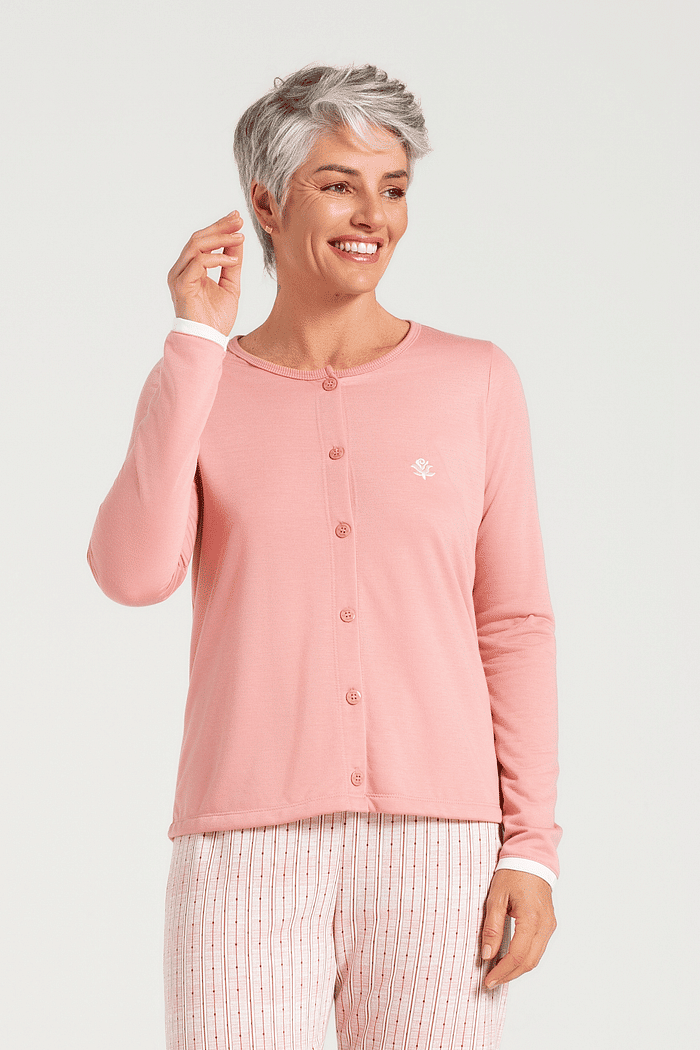 PIJAMA MANGA LONGA ABERTURA FRONTAL EM MOLETINHO COM CALCA EM MOLETINHO ROTATIVO FEMININO 