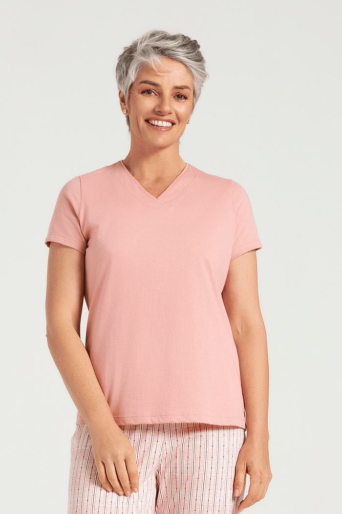 PIJAMA MEIA MANGA EM MEIA MALHA COM CALCA EM MALHA ROTATIVA FEMININO 