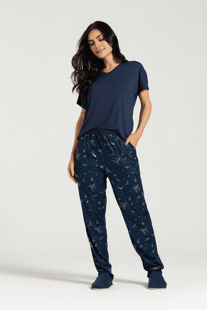 PIJAMA MEIA MANGA EM VISCOLYCRA COM CALCA EM MALHA SOFT TOUCH FEMININO 