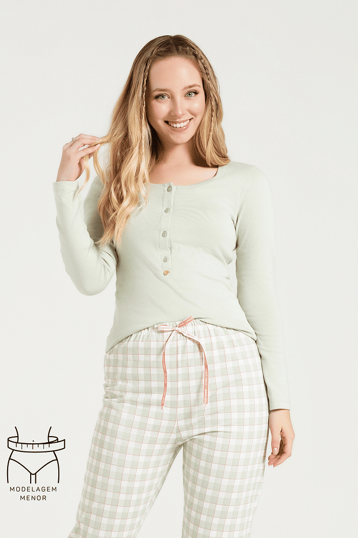 PIJAMA MANGA LONGA EM RIBANA 1X1 COM CALCA EM MALHA ROTATIVA FEMININO 