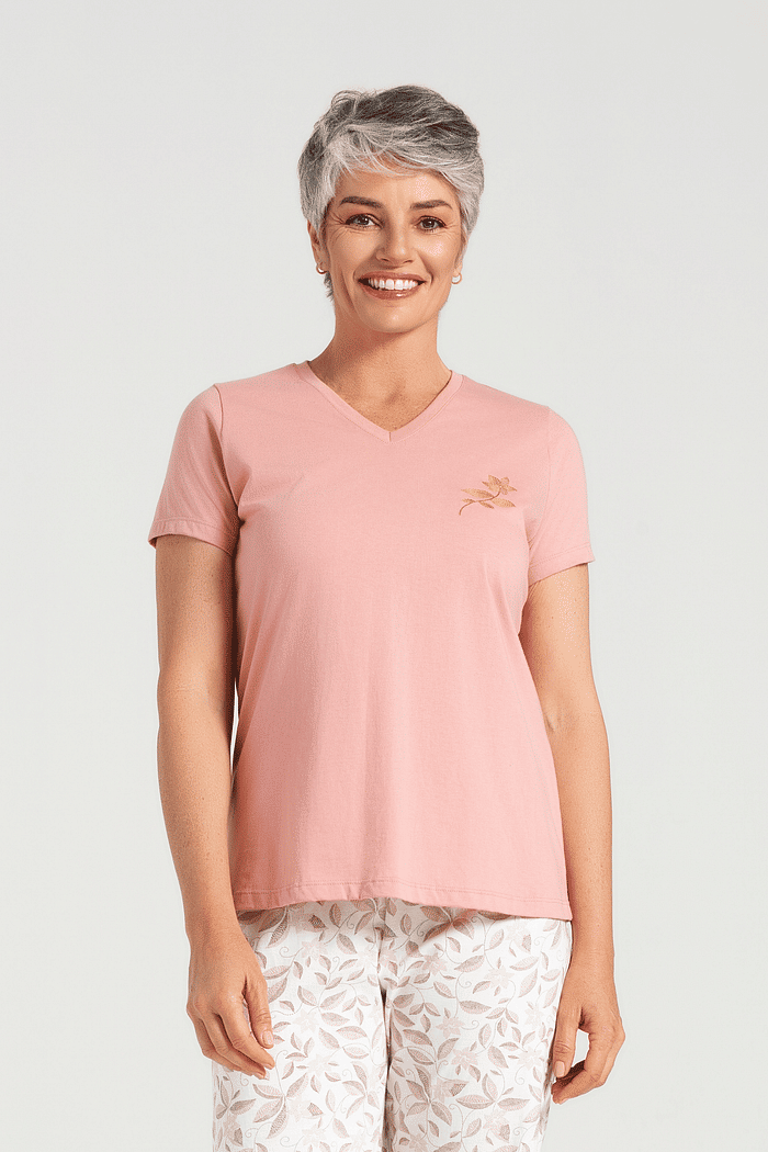 PIJAMA MEIA MANGA ABERTURA FRONTAL EM MEIA MALHA COM BERMUDA EM MALHA ROTATIVA FEMININO 