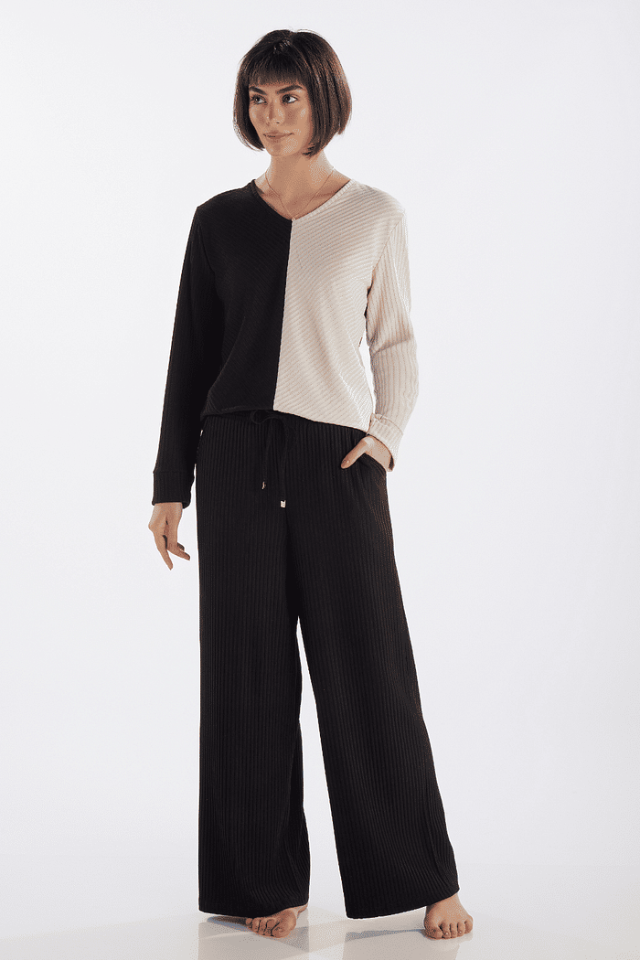 PIJAMA MANGA LONGA COM CALCA EM MALHA SUEDE CANELADA FEMININO 