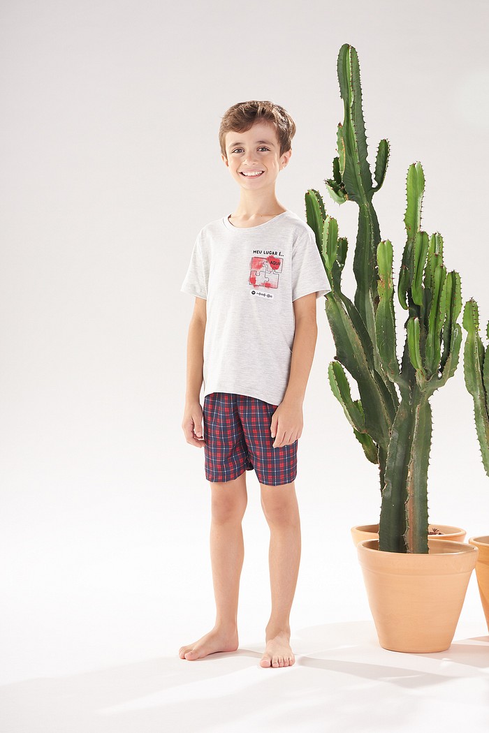 PIJAMA MASCULINO INFANTIL MEIA MANGA COM BERMUDA EM MEIA MALHA E TRICOLINE