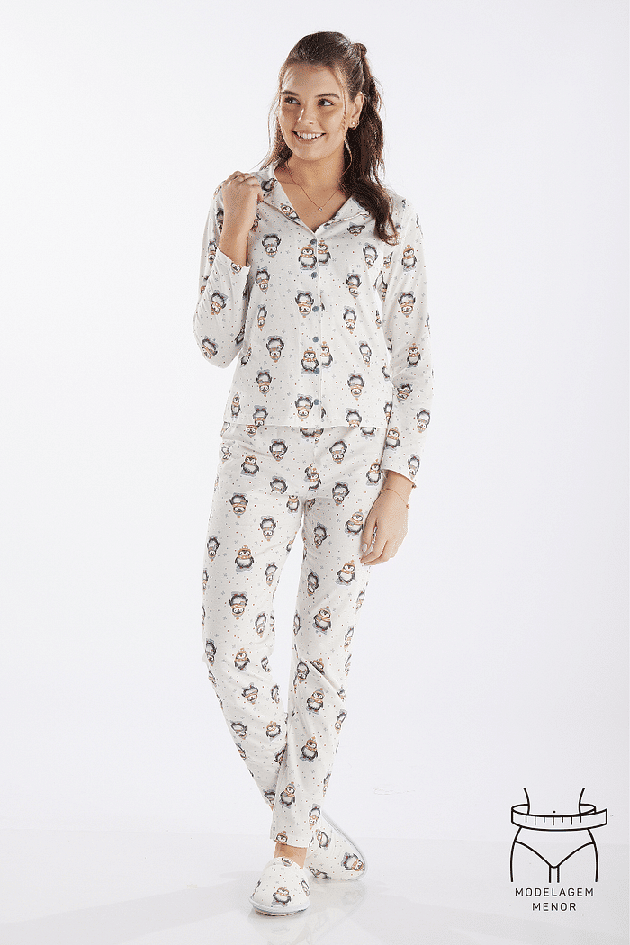 PIJAMA MANGA LONGA ABERTURA FRONTAL COM CALCA EM MALHA ROTATIVA FEMININO
