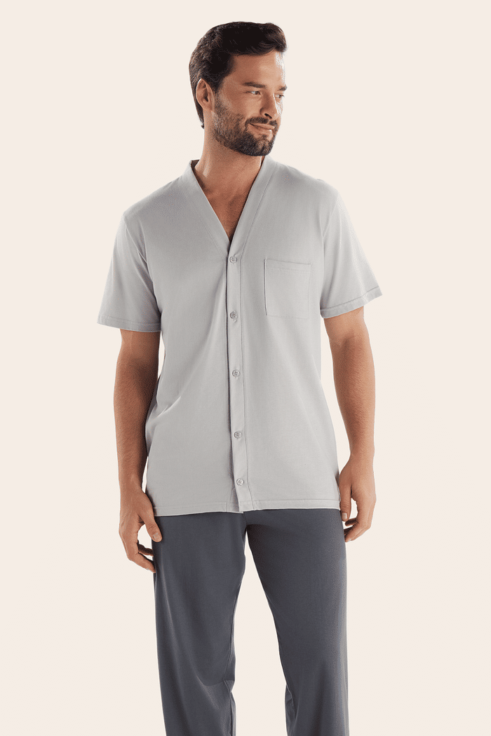 PIJAMA MEIA MANGA ABERTURA FRONTAL COM CALCA EM MEIA MALHA MASCULINO 