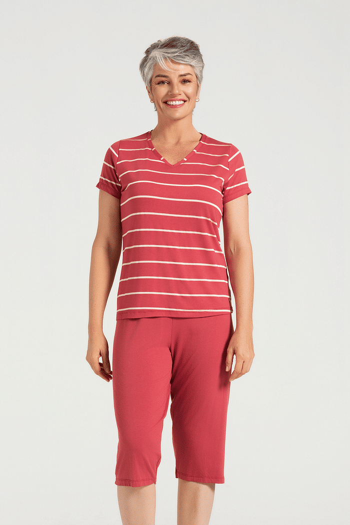 PIJAMA MEIA MANGA EM MALHA STRIPE GOLDEN COM CAPRI EM VISCOLYCRA FEMININO 