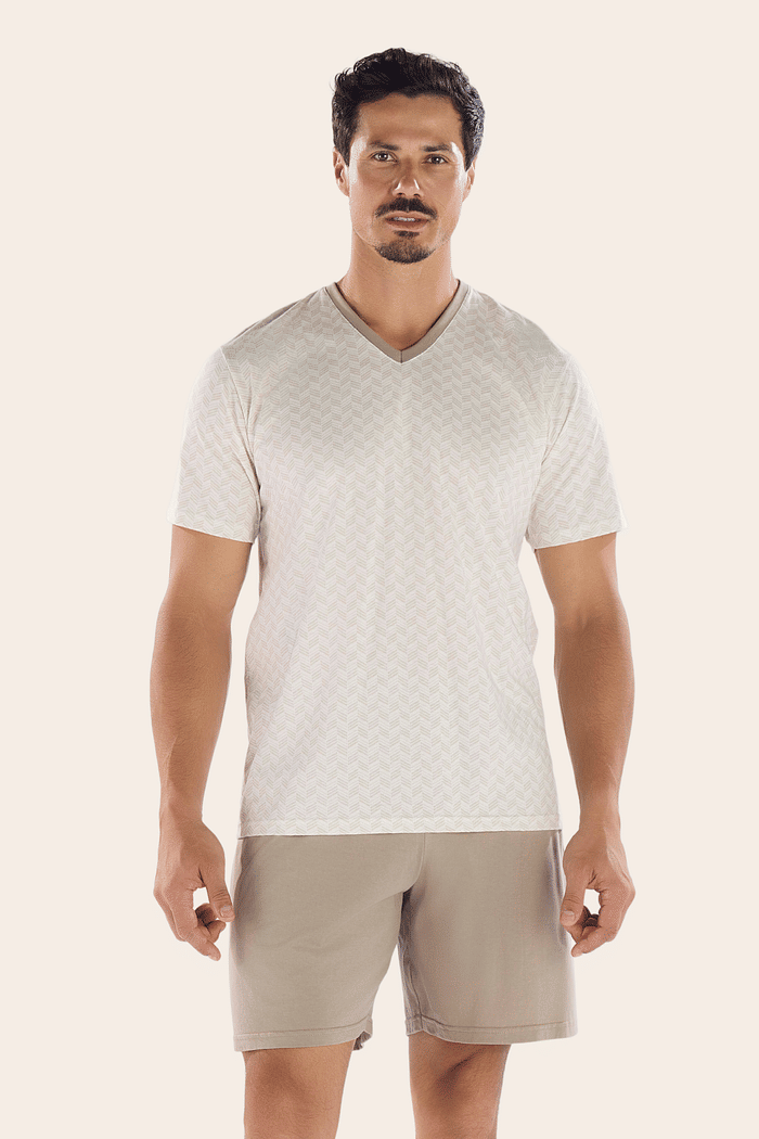 PIJAMA MEIA MANGA EM MALHA ROTATIVA COM BERMUDA EM MEIA MALHA MASCULINO 