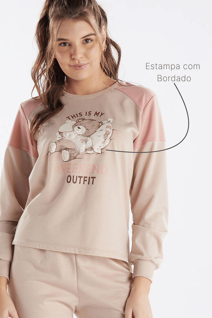 PIJAMA MANGA LONGA COM CALCA EM MOLETINHO FEMININO