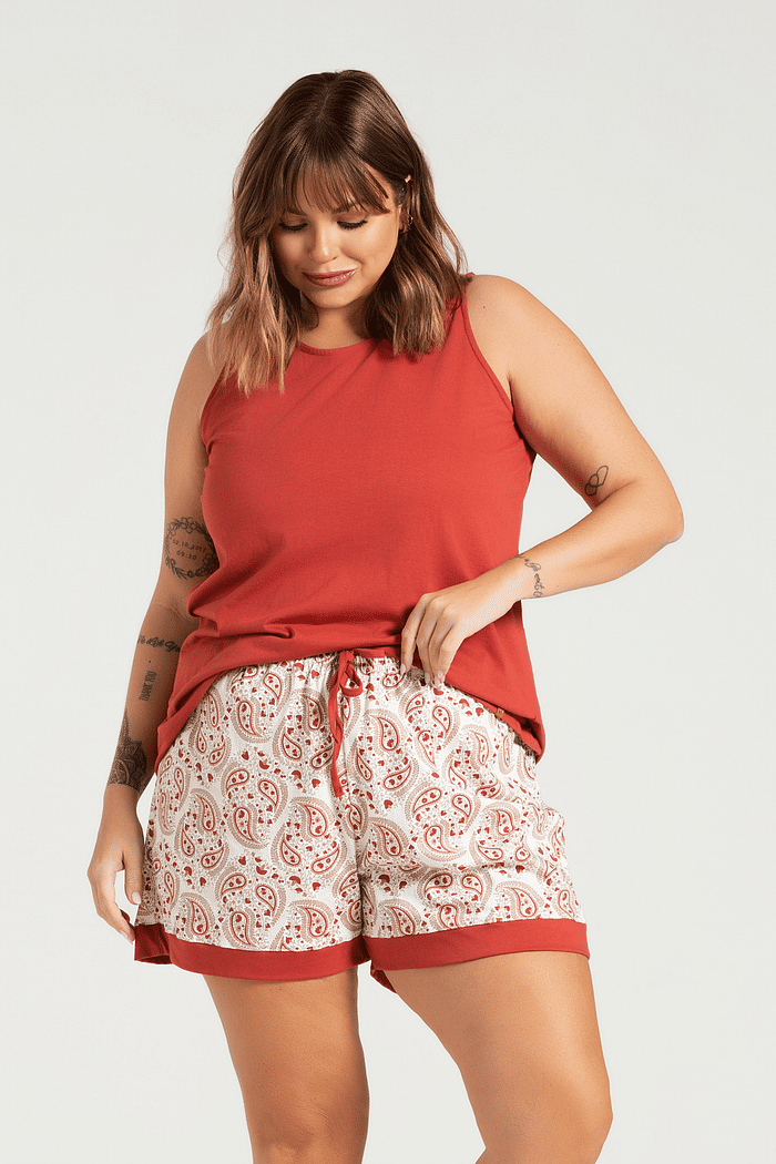 PIJAMA REGATA EM MEIA MALHA COM SHORTS EM MALHA ROTATIVA FEMININO 