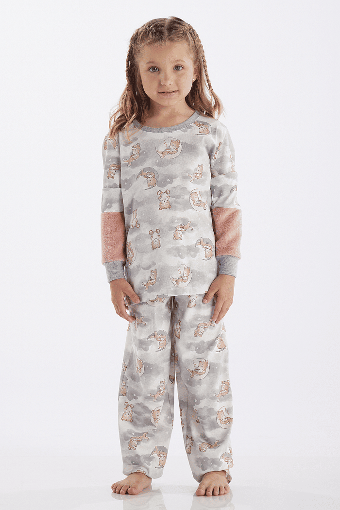 PIJAMA FEMININO INFANTIL MANGA LONGA COM CALÇA EM MEIA MALHA