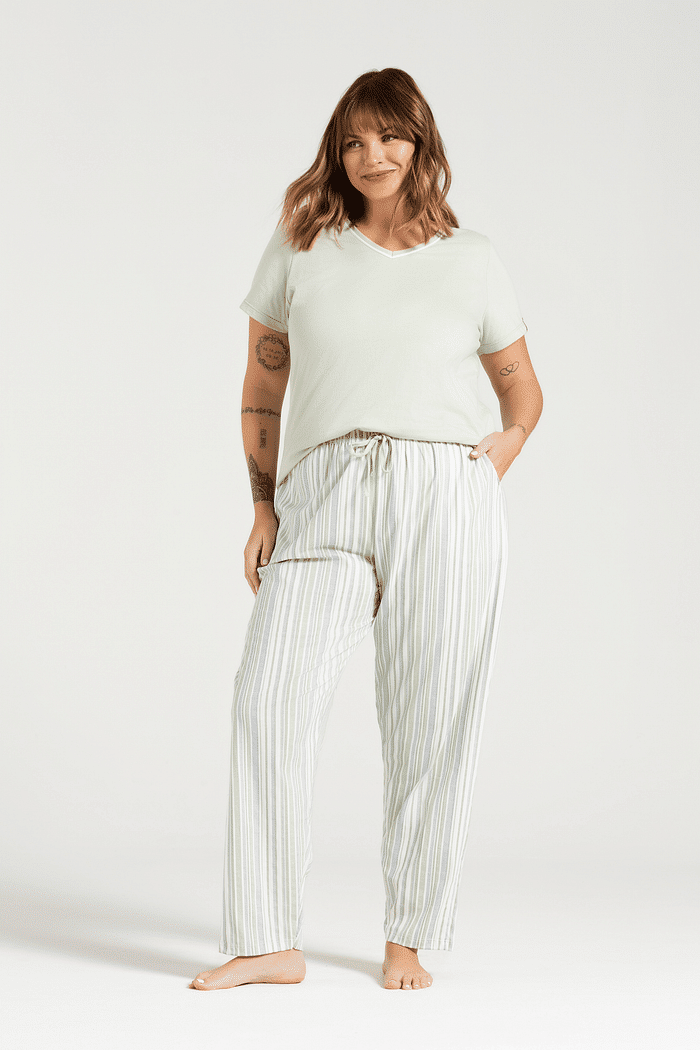 PIJAMA MEIA MANGA EM MEIA MALHA COM CALCA EM MALHA ROTATIVA FEMININO 