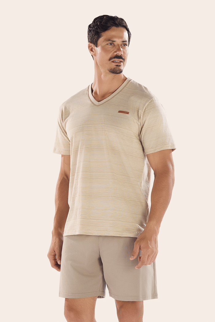 PIJAMA MEIA MANGA EM MALHA ROTATIVA COM BERMUDA EM MEIA MALHA MASCULINO 