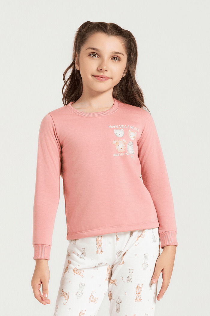 PIJAMA MANGA LONGA EM MOLETINHO COM CALCA EM MOLETINHO ROTATIVO FEMININO 