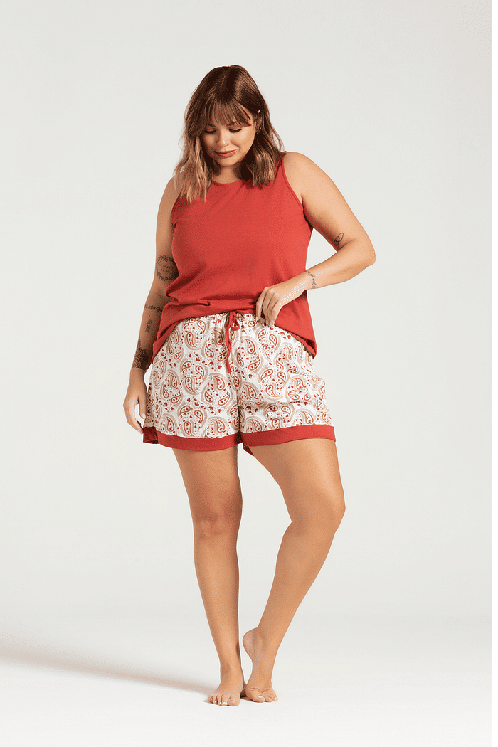 PIJAMA REGATA EM MEIA MALHA COM SHORTS EM MALHA ROTATIVA FEMININO 